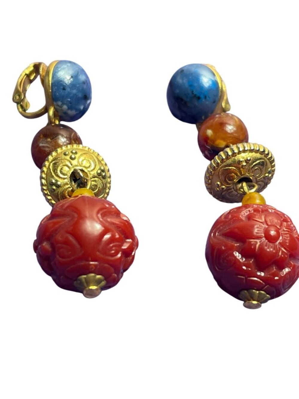 Vtg LCI Liz Claiborne Plastic Bead Dangle Clip On Earring Goldtone Boho Colorful